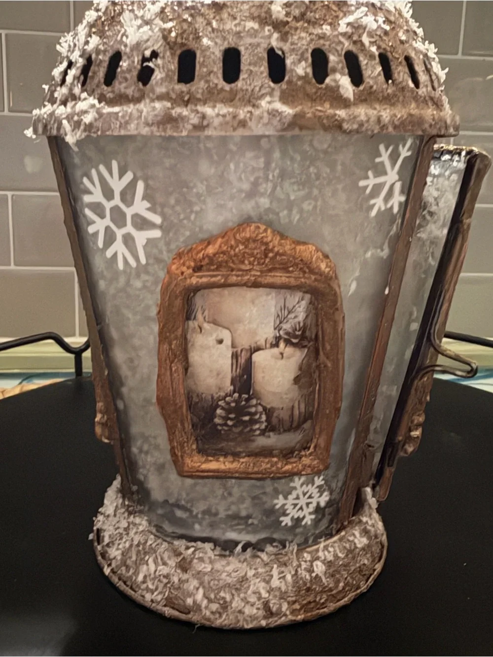 Vintage-Style Nativity Lantern in Light Blue and Gold Finish